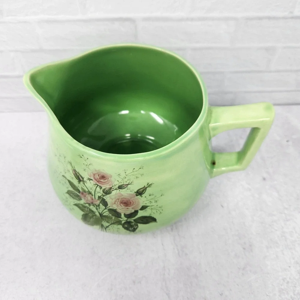 Green & Pink Ceramic Jug Pitcher Vase with Rose Floral Pattern, Cottage Flowers